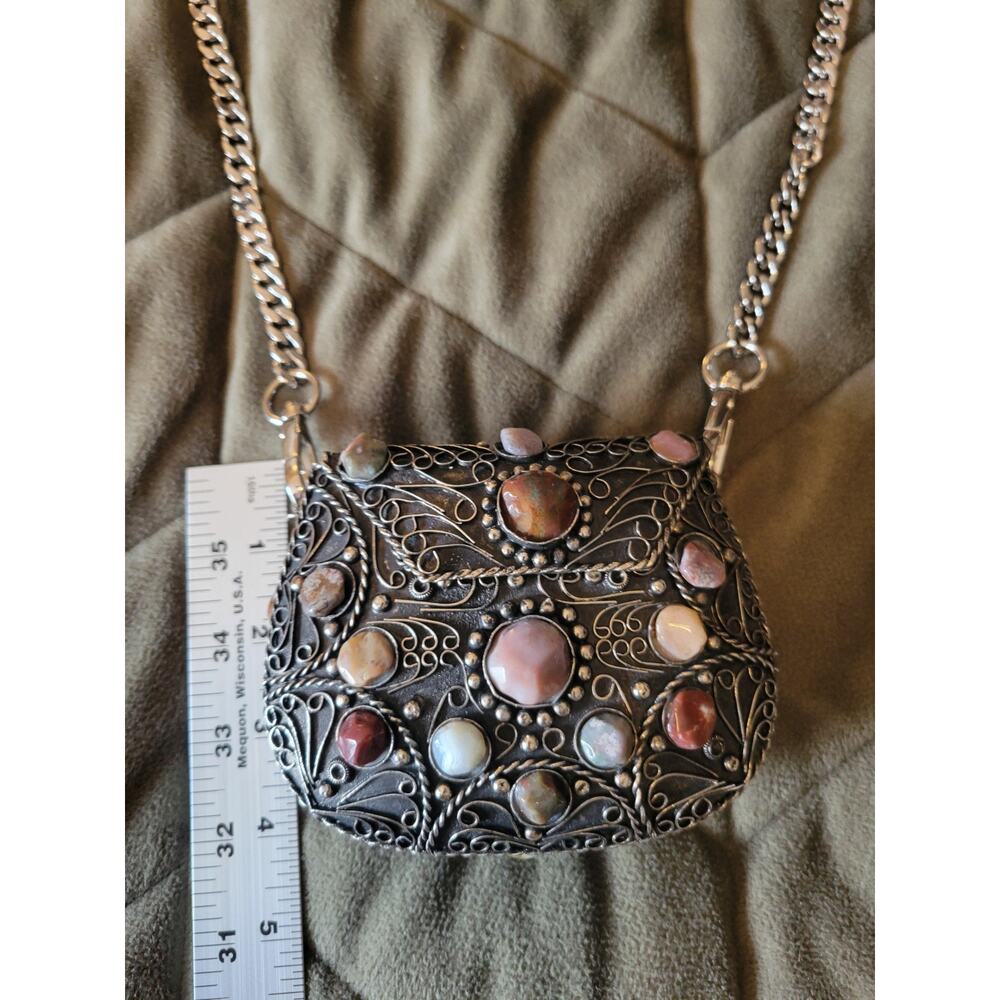 Vintage Sajai Metal Purse with Natural Agate Stones & Chain Strap - Picture 3 of 8